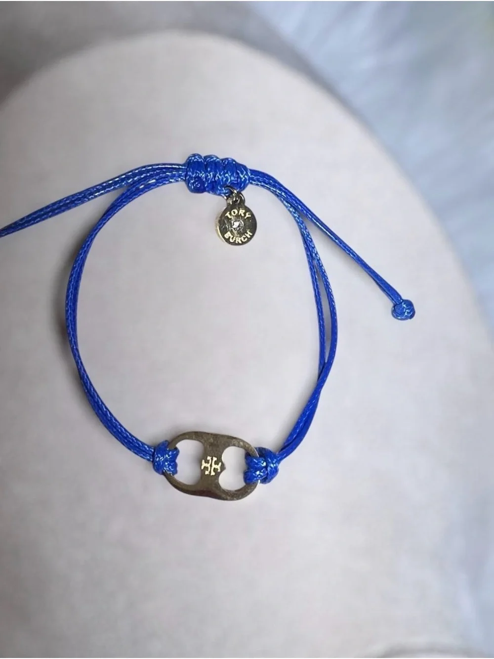 Tory Burch Royal Blue Adjustable Cord Bracelet with Gold Logo Charm